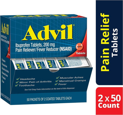 Advil Ibuprofen Tablets, 200 mg Pain Reliever/Fever Reducer (NSAID), 100 Tablets (50 Packets of 2 Tablets Each) - dailyvitalstore