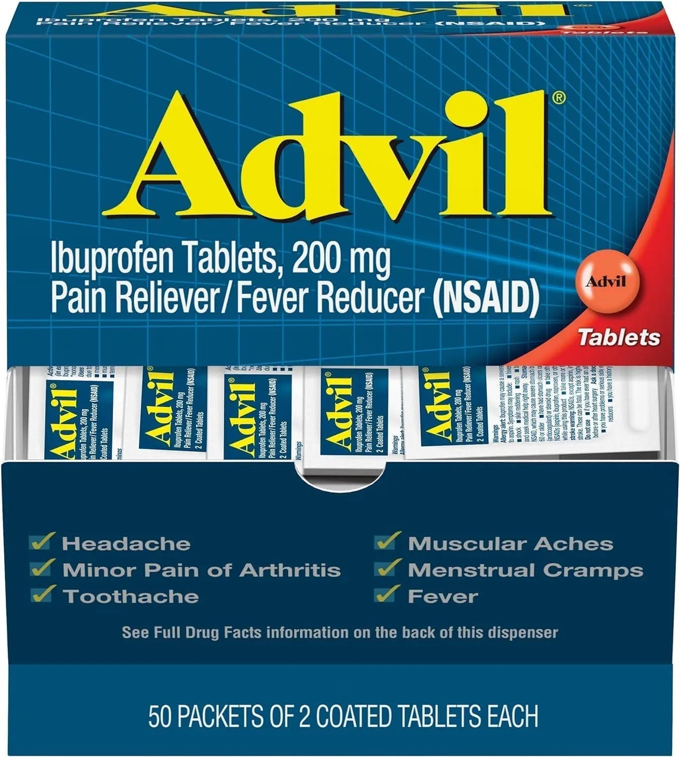 Advil Ibuprofen Tablets, 200 mg Pain Reliever/Fever Reducer (NSAID), 100 Tablets (50 Packets of 2 Tablets Each) - dailyvitalstore