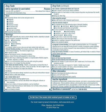 Advil Ibuprofen Tablets, 200 mg Pain Reliever/Fever Reducer (NSAID), 100 Tablets (50 Packets of 2 Tablets Each) - dailyvitalstore