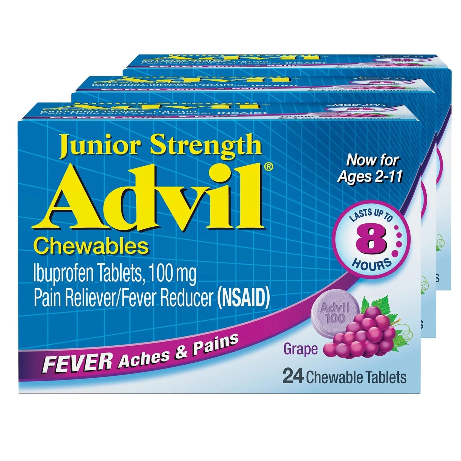Advil Junior Strength Chewable Ibuprofen Pain Reliever and Fever Reducer, Children's Ibuprofen for Pain Relief, Grape - 24 Tablets (Pack of 3) - dailyvitalstore