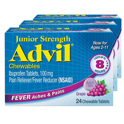 Advil Junior Strength Chewable Ibuprofen Pain Reliever and Fever Reducer, Children's Ibuprofen for Pain Relief, Grape - 24 Tablets (Pack of 3) - dailyvitalstore