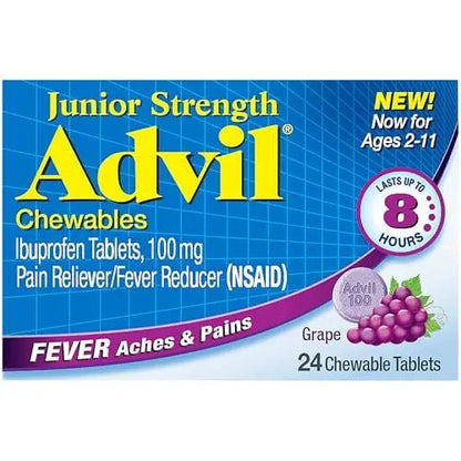 Advil Junior Strength Chewable Ibuprofen Pain Reliever and Fever Reducer, Children's Ibuprofen for Pain Relief, Grape - 24 Tablets (Pack of 3) - dailyvitalstore