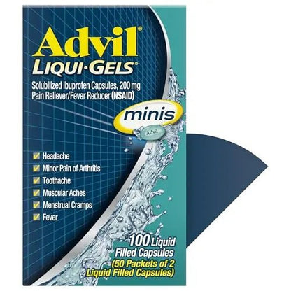 Advil Liqui-Gels minis Pain Reliever and Fever Reducer, Pain Medicine for Adults with Ibuprofen 200mg for Pain Relief - 50x2 Liquid Filled Capsules - dailyvitalstore