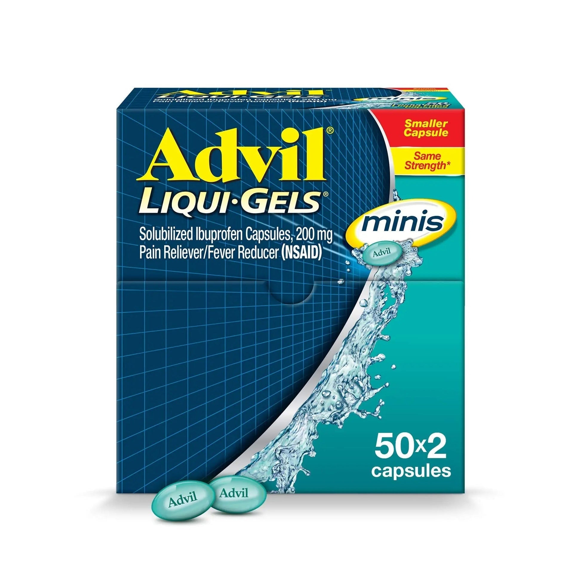 Advil Liqui-Gels minis Pain Reliever and Fever Reducer, Pain Medicine for Adults with Ibuprofen 200mg for Pain Relief - 50x2 Liquid Filled Capsules - dailyvitalstore