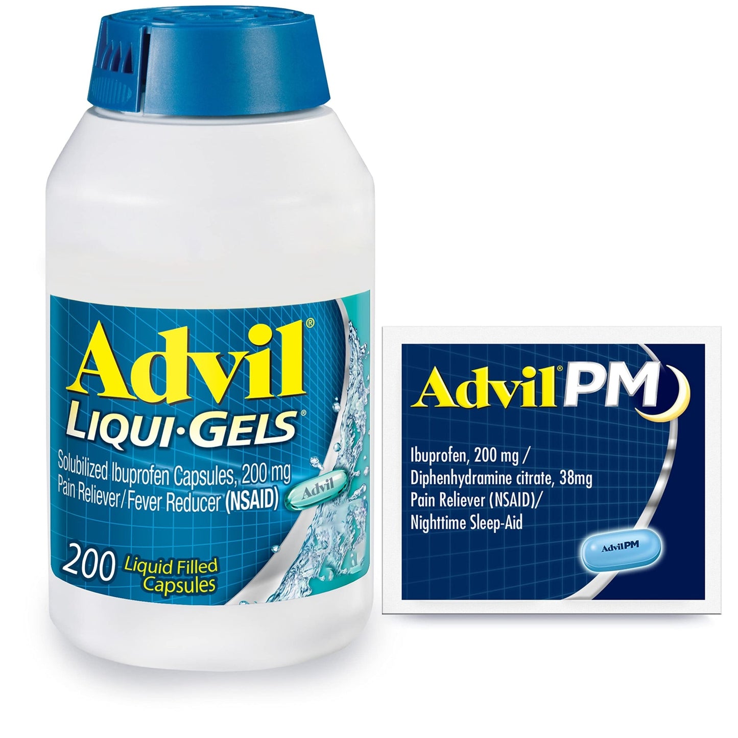 Advil Liqui-Gels Pain Reliever and Fever Reducer, Pain Medicine for Adults with Ibuprofen 200mg for Headache, Backache, Menstrual Pain and Joint Pain Relief - 200 Capsules, Advil PM Ibuprofen - 2 Ct - dailyvitalstore