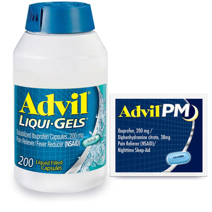 Advil Liqui-Gels Pain Reliever and Fever Reducer, Pain Medicine for Adults with Ibuprofen 200mg for Headache, Backache, Menstrual Pain and Joint Pain Relief - 200 Capsules, Advil PM Ibuprofen - 2 Ct - dailyvitalstore