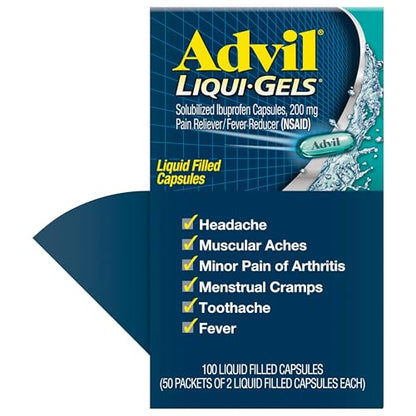 Advil Liqui-Gels Pain Reliever and Fever Reducer, Pain Medicine for Adults with Ibuprofen 200mg for Headache, Backache, Menstrual Pain and Joint Pain Relief - 50x2 Liquid Filled Capsules - dailyvitalstore