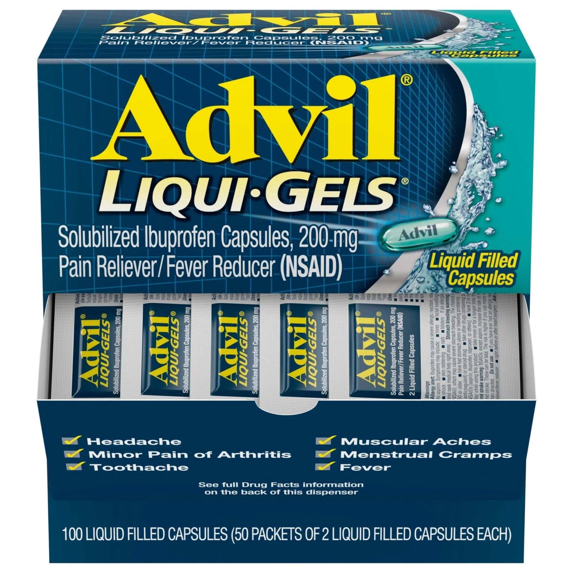 Advil Liqui-Gels Pain Reliever and Fever Reducer, Pain Medicine for Adults with Ibuprofen 200mg for Headache, Backache, Menstrual Pain and Joint Pain Relief - 50x2 Liquid Filled Capsules - dailyvitalstore