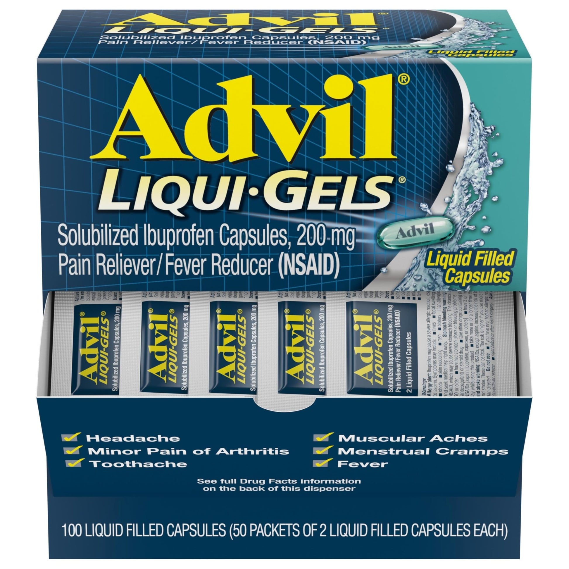 Advil Liqui-Gels Pain Reliever and Fever Reducer, Pain Medicine for Adults with Ibuprofen 200mg for Headache, Backache, Menstrual Pain and Joint Pain Relief - 50x2 Liquid Filled Capsules - dailyvitalstore