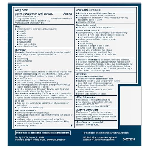 Advil Liqui-Gels Pain Reliever and Fever Reducer, Pain Medicine for Adults with Ibuprofen 200mg for Headache, Backache, Menstrual Pain and Joint Pain Relief - 50x2 Liquid Filled Capsules - dailyvitalstore
