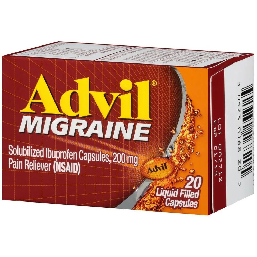 Advil Migraine Pain Reliever, Solubilized Ibuprofen 200mg, 20 Count, Liquid Filled Capsules, Powerful Migraine Relief - dailyvitalstore