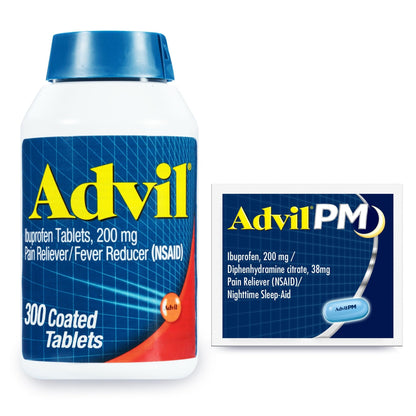 Advil Pain Reliever and Fever Reducer, Ibuprofen 200mg for Pain Relief - 300 Count, Advil PM Pain Reliever and Nighttime Sleep Aid, Ibuprofen for Pain Relief and Diphenhydramine Citrate - 2 Count - dailyvitalstore