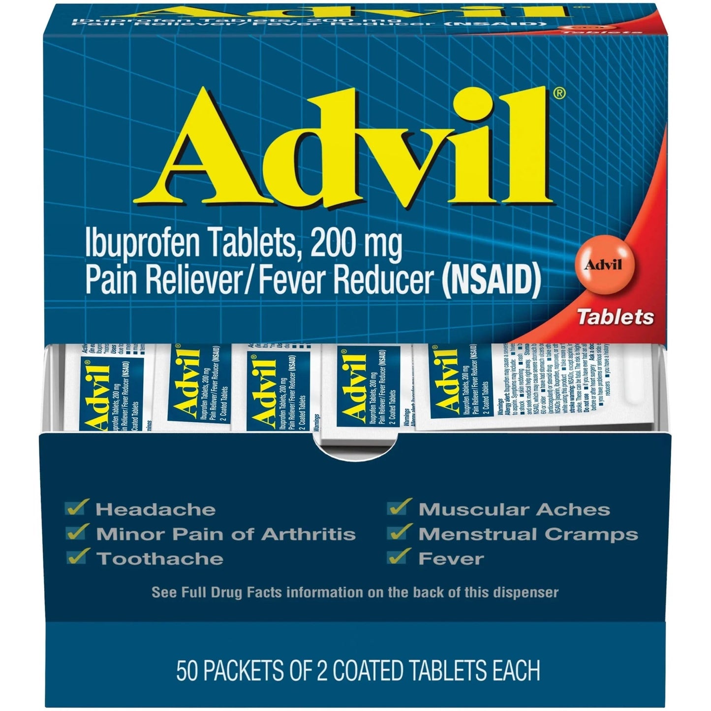 Advil Pain Reliever and Fever Reducer, Pain Relief Medicine with Ibuprofen 200mg for Headache, Backache, Menstrual Pain and Joint Pain Relief - 50x2 Coated Tablets - dailyvitalstore