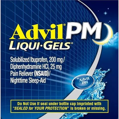 Advil PM Liqui-Gels Pain Reliever and Nighttime Sleep Aid, Pain Medicine with Ibuprofen for Pain Relief and Diphenhydramine HCL for a Sleep Aid - 80 Liquid Filled Capsules - Back to College - dailyvitalstore