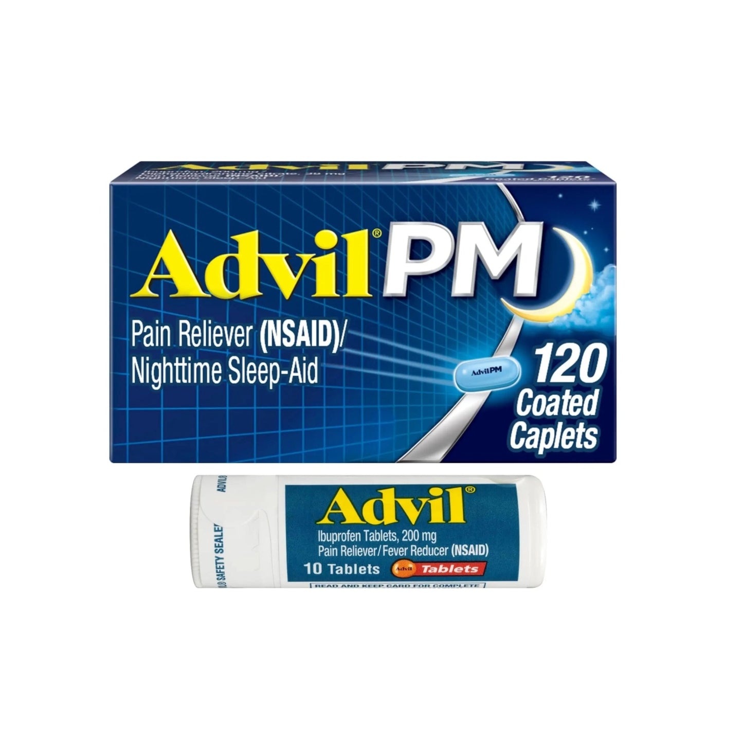 Advil PM Pain Reliever and Nighttime Sleep Aid, Ibuprofen for Pain Relief and Diphenhydramine Citrate for a Sleep Aid - 120 Coated Caplets and Pain Reliever and Fever Reducer, 10 Count Tablets - dailyvitalstore