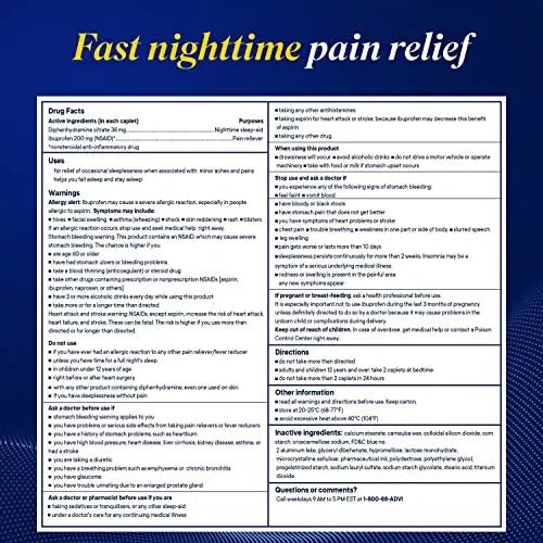 Advil PM Pain Reliever and Nighttime Sleep Aid, Pain Medicine with Ibuprofen for Pain Relief and Diphenhydramine Citrate for A Sleep Aid - 120 Coated Caplets (Pack of 2) - dailyvitalstore