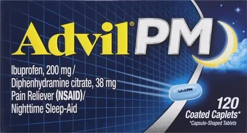 Advil PM Pain Reliever and Nighttime Sleep Aid, Pain Medicine with Ibuprofen for Pain Relief and Diphenhydramine Citrate for A Sleep Aid - 120 Coated Caplets (Pack of 2) - dailyvitalstore
