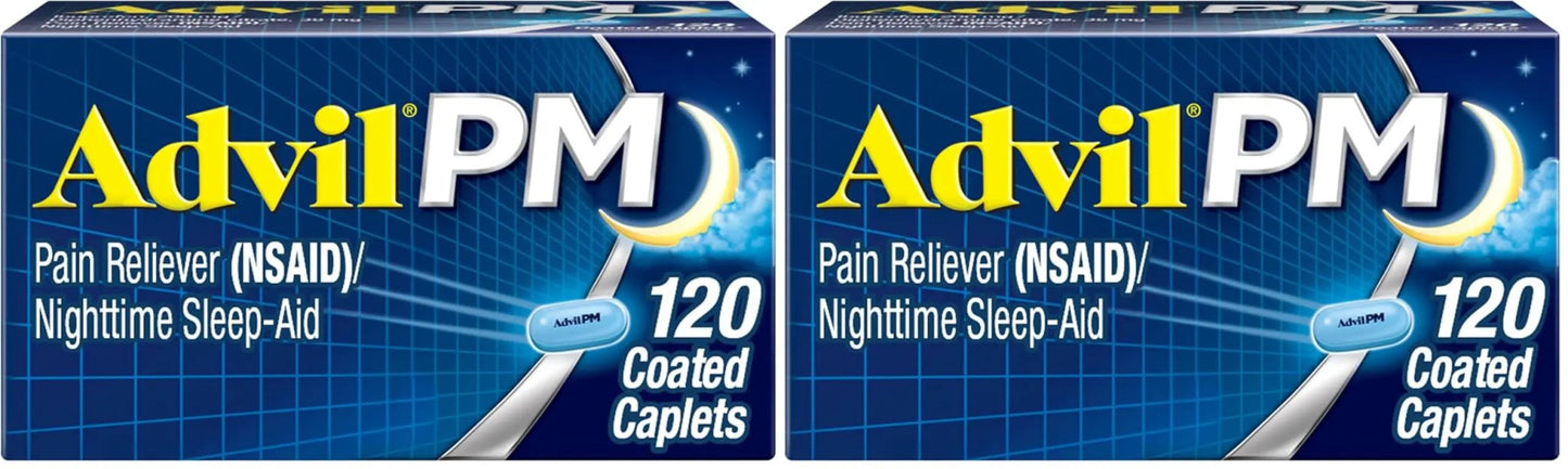 Advil PM Pain Reliever and Nighttime Sleep Aid, Pain Medicine with Ibuprofen for Pain Relief and Diphenhydramine Citrate for A Sleep Aid - 120 Coated Caplets (Pack of 2) - dailyvitalstore