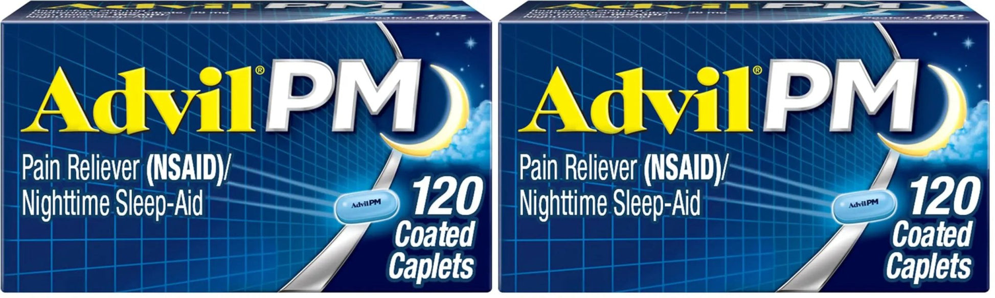 Advil PM Pain Reliever and Nighttime Sleep Aid, Pain Medicine with Ibuprofen for Pain Relief and Diphenhydramine Citrate for A Sleep Aid - 120 Coated Caplets (Pack of 2) - dailyvitalstore