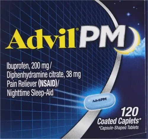 Advil PM Pain Reliever and Nighttime Sleep Aid, Pain Medicine with Ibuprofen for Pain Relief and Diphenhydramine Citrate for A Sleep Aid - 120 Coated Caplets (Pack of 2) - dailyvitalstore