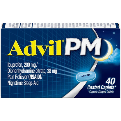 Advil PM Pain Reliever and Nighttime Sleep Aid, Pain Medicine with Ibuprofen for Pain Relief and Diphenhydramine Citrate for a Sleep Aid - 40 Coated Caplets - dailyvitalstore