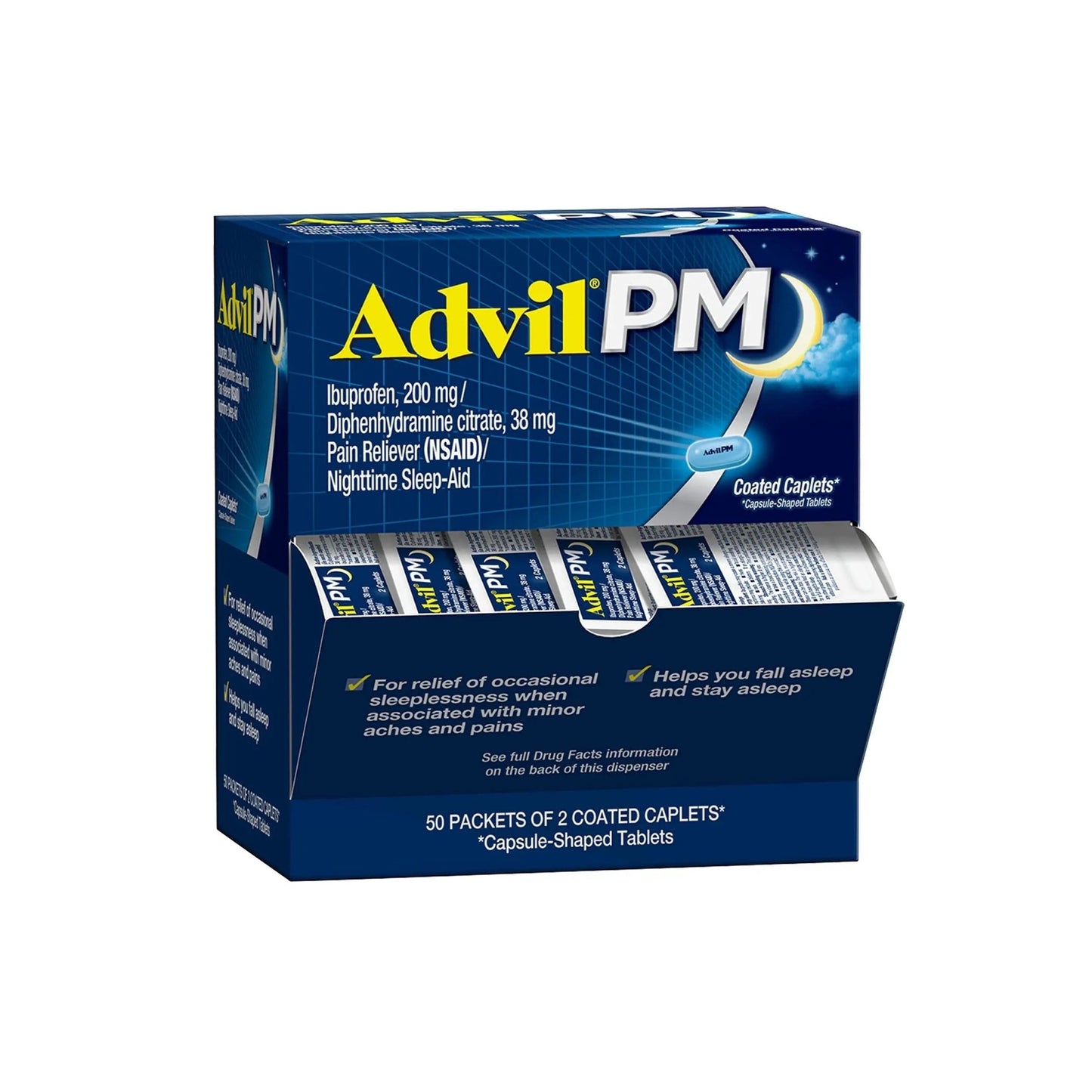 Advil PM Pain Reliever and Nighttime Sleep Aid, Pain Medicine with Ibuprofen for Pain Relief and Diphenhydramine Citrate for a Sleep Aid - 50x2 Coated Caplets - dailyvitalstore