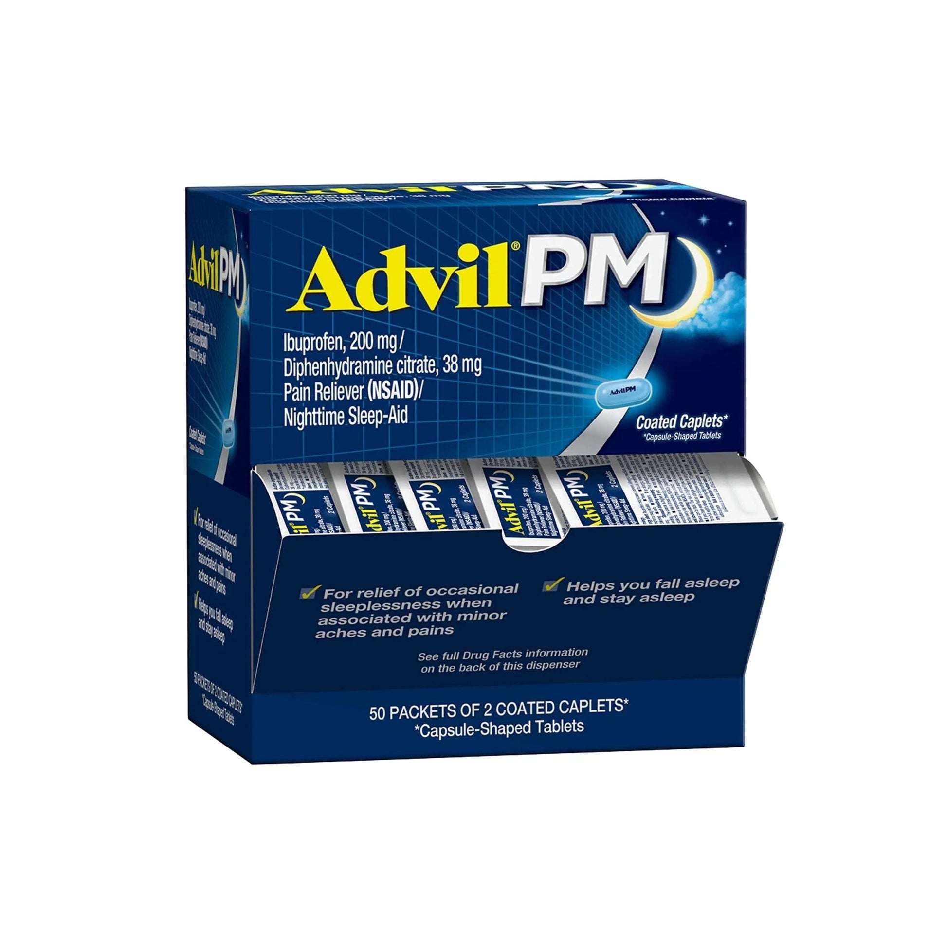 Advil PM Pain Reliever and Nighttime Sleep Aid, Pain Medicine with Ibuprofen for Pain Relief and Diphenhydramine Citrate for a Sleep Aid - 50x2 Coated Caplets - dailyvitalstore