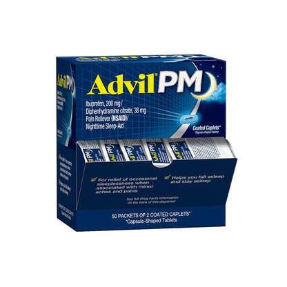 Advil PM Pain Reliever and Nighttime Sleep Aid, Pain Medicine with Ibuprofen for Pain Relief and Diphenhydramine Citrate for a Sleep Aid - 50x2 Coated Caplets - dailyvitalstore