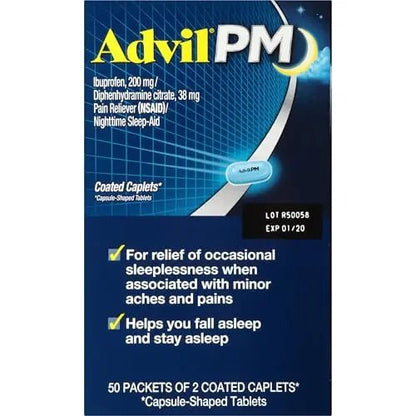 Advil PM Pain Reliever and Nighttime Sleep Aid, Pain Medicine with Ibuprofen for Pain Relief and Diphenhydramine Citrate for a Sleep Aid - 50x2 Coated Caplets - dailyvitalstore