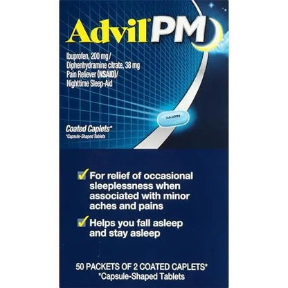 Advil PM Pain Reliever and Nighttime Sleep Aid, Pain Medicine with Ibuprofen for Pain Relief and Diphenhydramine Citrate for a Sleep Aid - 50x2 Coated Caplets - dailyvitalstore
