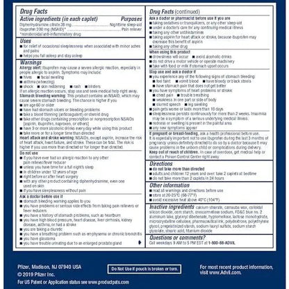 Advil PM Pain Reliever and Nighttime Sleep Aid, Pain Medicine with Ibuprofen for Pain Relief and Diphenhydramine Citrate for a Sleep Aid - 50x2 Coated Caplets - dailyvitalstore