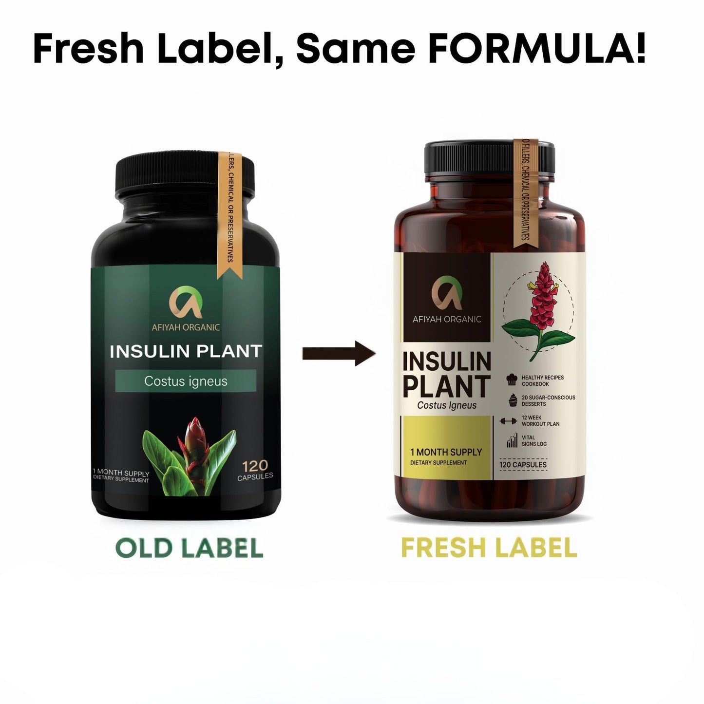 Afiyah Organic - Premium Quality Costus Igneus (Insulin Plant) Capsules - Easy to Swallow 120 Veggie Capsules (1 Month Supply) - Made in the USA - Including Complete Health Support Program - dailyvitalstore
