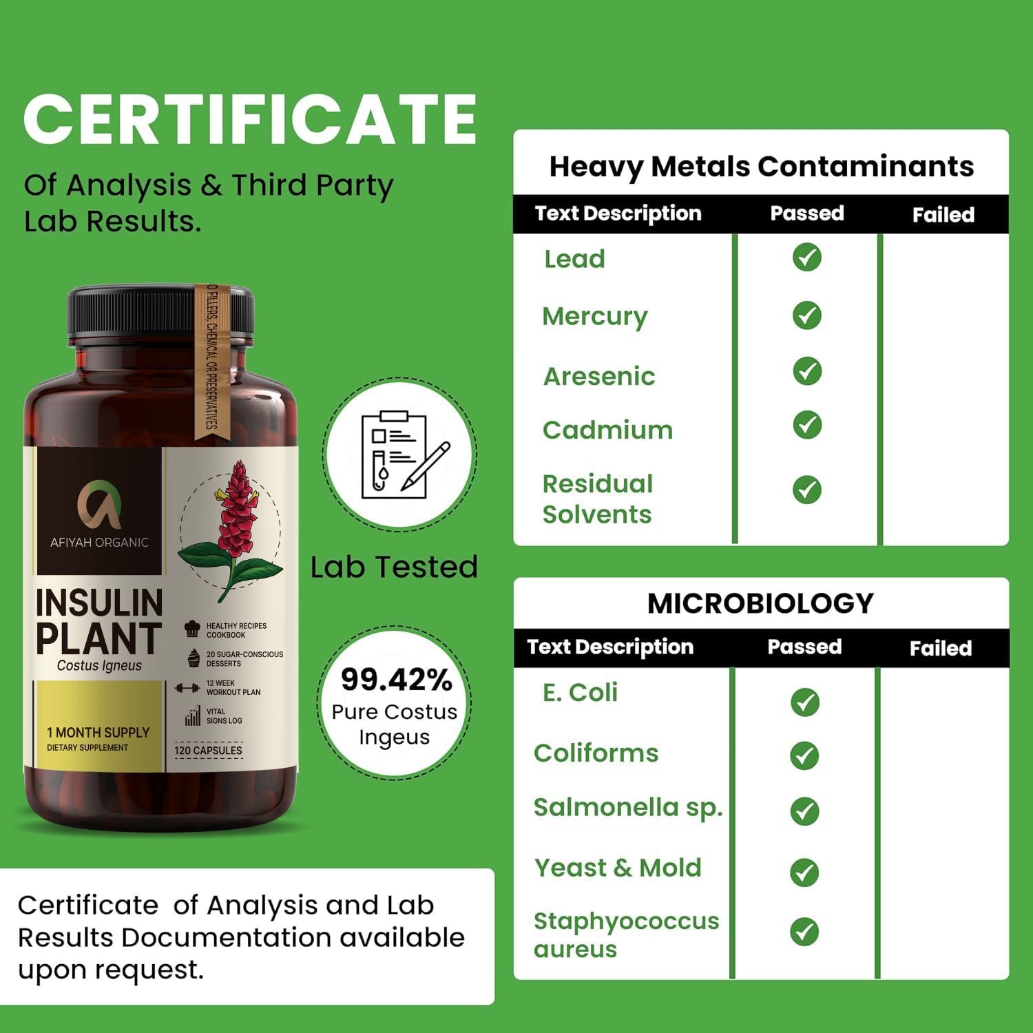 Afiyah Organic - Premium Quality Costus Igneus (Insulin Plant) Capsules - Easy to Swallow 120 Veggie Capsules (1 Month Supply) - Made in the USA - Including Complete Health Support Program - dailyvitalstore