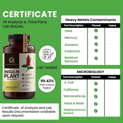 Afiyah Organic - Premium Quality Costus Igneus (Insulin Plant) Capsules - Easy to Swallow 120 Veggie Capsules (1 Month Supply) - Made in the USA - Including Complete Health Support Program - dailyvitalstore