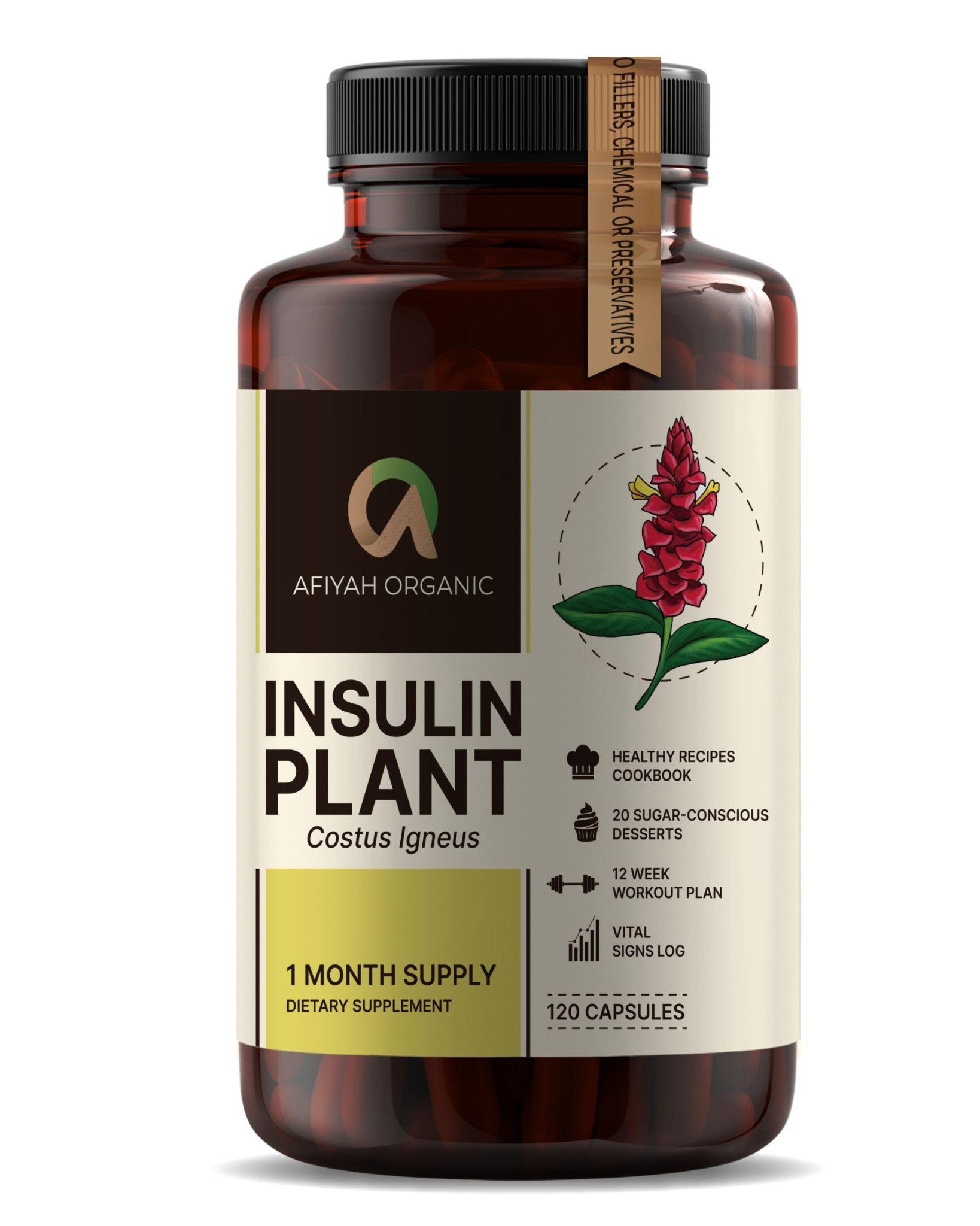 Afiyah Organic - Premium Quality Costus Igneus (Insulin Plant) Capsules - Easy to Swallow 120 Veggie Capsules (1 Month Supply) - Made in the USA - Including Complete Health Support Program - dailyvitalstore