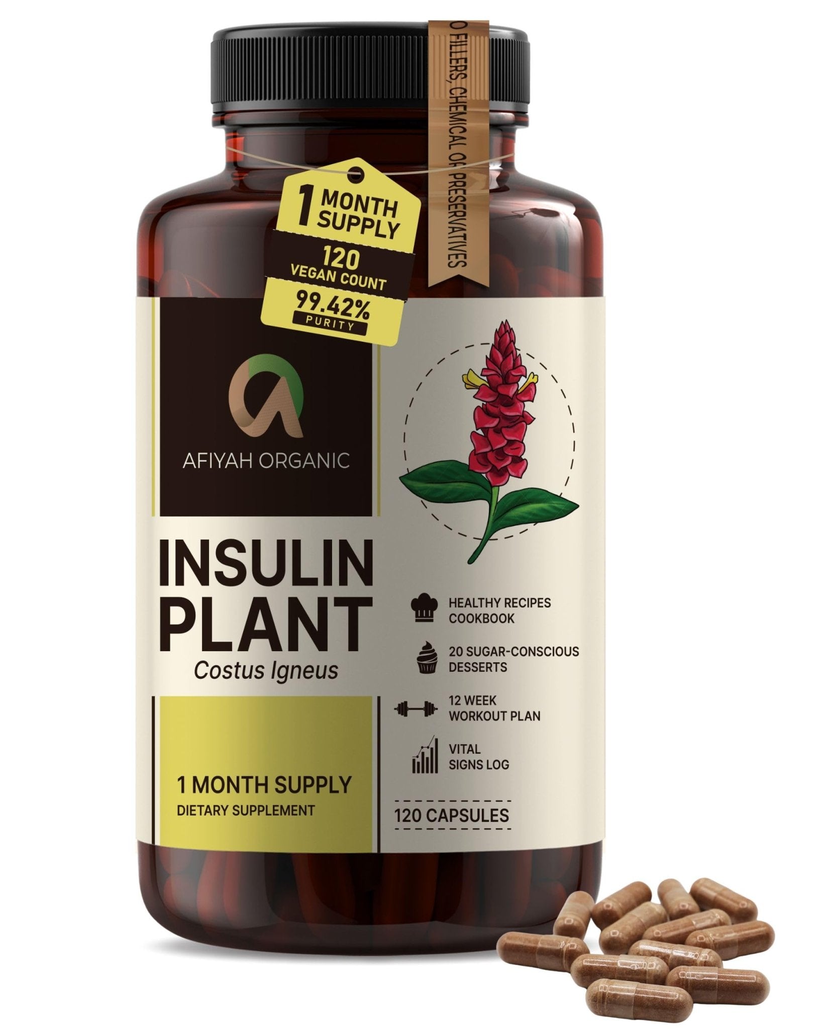 Afiyah Organic - Premium Quality Costus Igneus (Insulin Plant) Capsules - Easy to Swallow 120 Veggie Capsules (1 Month Supply) - Made in the USA - Including Complete Health Support Program - dailyvitalstore