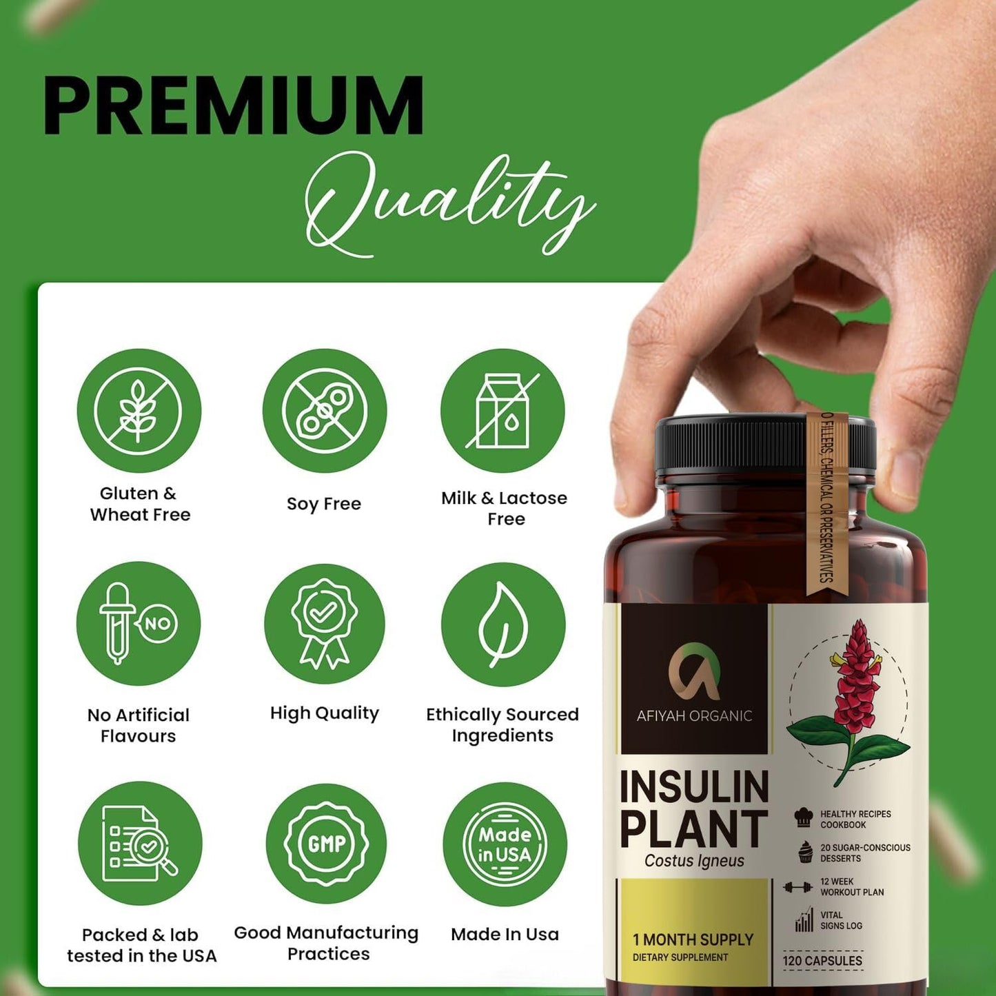 Afiyah Organic - Premium Quality Costus Igneus (Insulin Plant) Capsules - Easy to Swallow 120 Veggie Capsules (1 Month Supply) - Made in the USA - Including Complete Health Support Program - dailyvitalstore