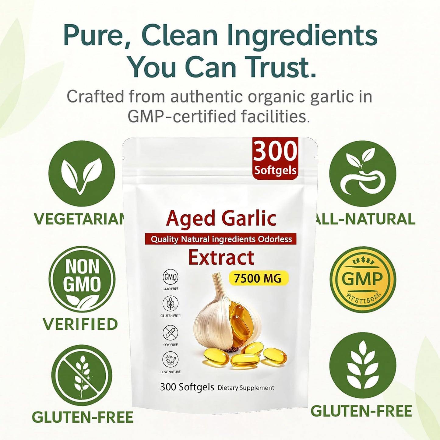 Aged Garlic Extract – 300 Count Odorless Garlic Supplement for Heart & Immune Support – Non-GMO, All-Natural Softgels, 2-Year Matured for Antioxidant Wellness (1) - dailyvitalstore
