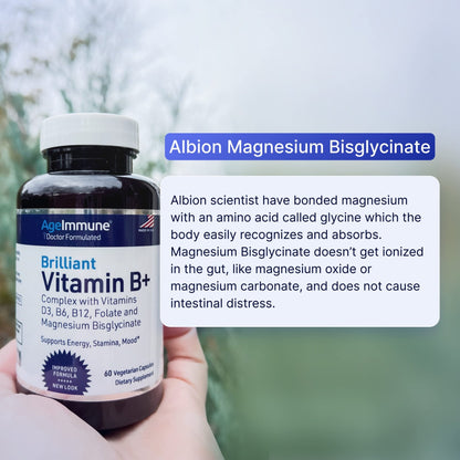 AgeImmune Vitamin B Complex with Vitamin D3 B12 B6 Magnesium Bisglycinate and Folate as Methylfolate - Doctor Formulated Methylated B Complex Supplement - dailyvitalstore