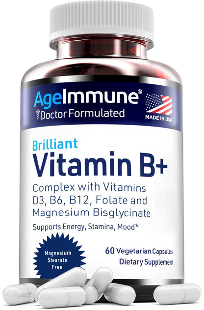 AgeImmune Vitamin B Complex with Vitamin D3 B12 B6 Magnesium Bisglycinate and Folate as Methylfolate - Doctor Formulated Methylated B Complex Supplement - dailyvitalstore