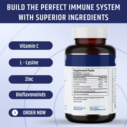 AgeImmune Vitamin C 1000mg Complex with L-Lysine 500mg, Zinc 12mg, Bioflavonoids 300mg. Doctor Formulated Magnesium Stearate Free Supplements for Healthy Immune System Support.(1) - dailyvitalstore