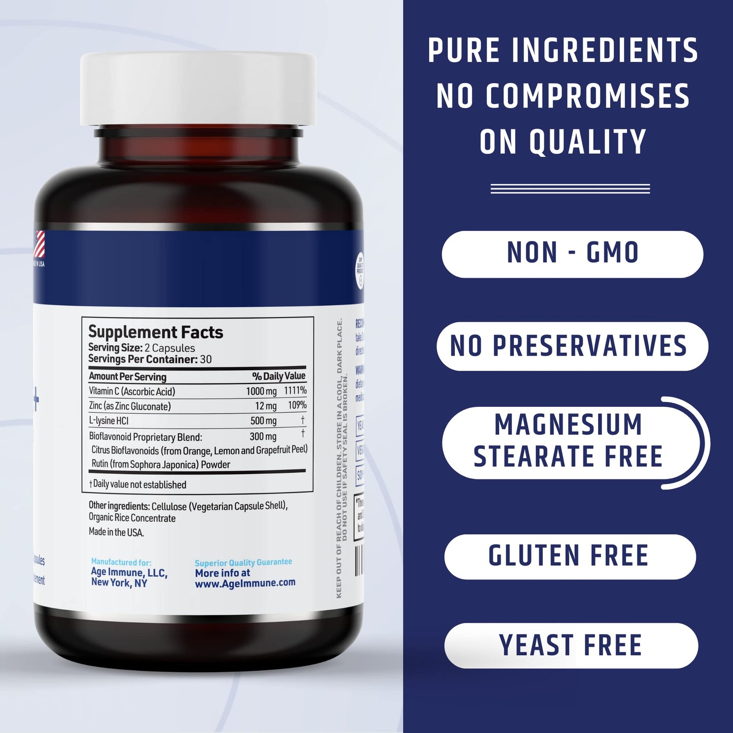 AgeImmune Vitamin C 1000mg Complex with L-Lysine 500mg, Zinc 12mg, Bioflavonoids 300mg. Doctor Formulated Magnesium Stearate Free Supplements for Healthy Immune System Support.(1) - dailyvitalstore
