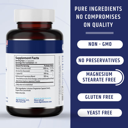 AgeImmune Vitamin C 1000mg Complex with L-Lysine 500mg, Zinc 12mg, Bioflavonoids 300mg. Doctor Formulated Magnesium Stearate Free Supplements for Healthy Immune System Support.(1) - dailyvitalstore