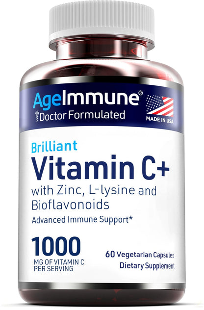 AgeImmune Vitamin C 1000mg Complex with L-Lysine 500mg, Zinc 12mg, Bioflavonoids 300mg. Doctor Formulated Magnesium Stearate Free Supplements for Healthy Immune System Support.(1) - dailyvitalstore