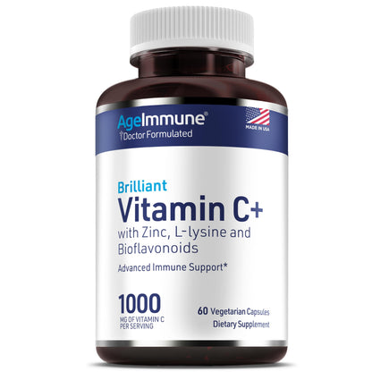 AgeImmune Vitamin C 1000mg Complex with L-Lysine 500mg, Zinc 12mg, Bioflavonoids 300mg. Doctor Formulated Magnesium Stearate Free Supplements for Healthy Immune System Support.(1) - dailyvitalstore