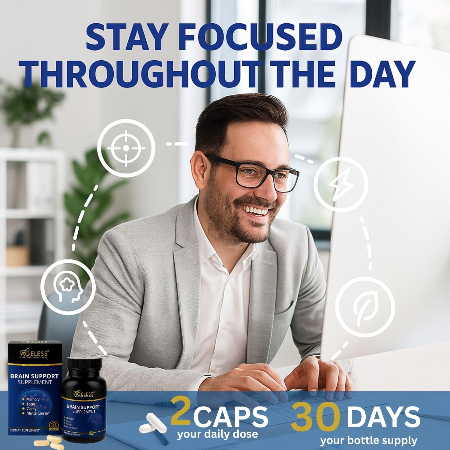 Ageless Brain Supplements for Memory and Focus 1000 MG | Cognitive Improvement | Formulated with Clinically Studied Ingredients | Support Mental Clarity & Neuro Health | Vitamin B6, B12, 60 Capsules - dailyvitalstore