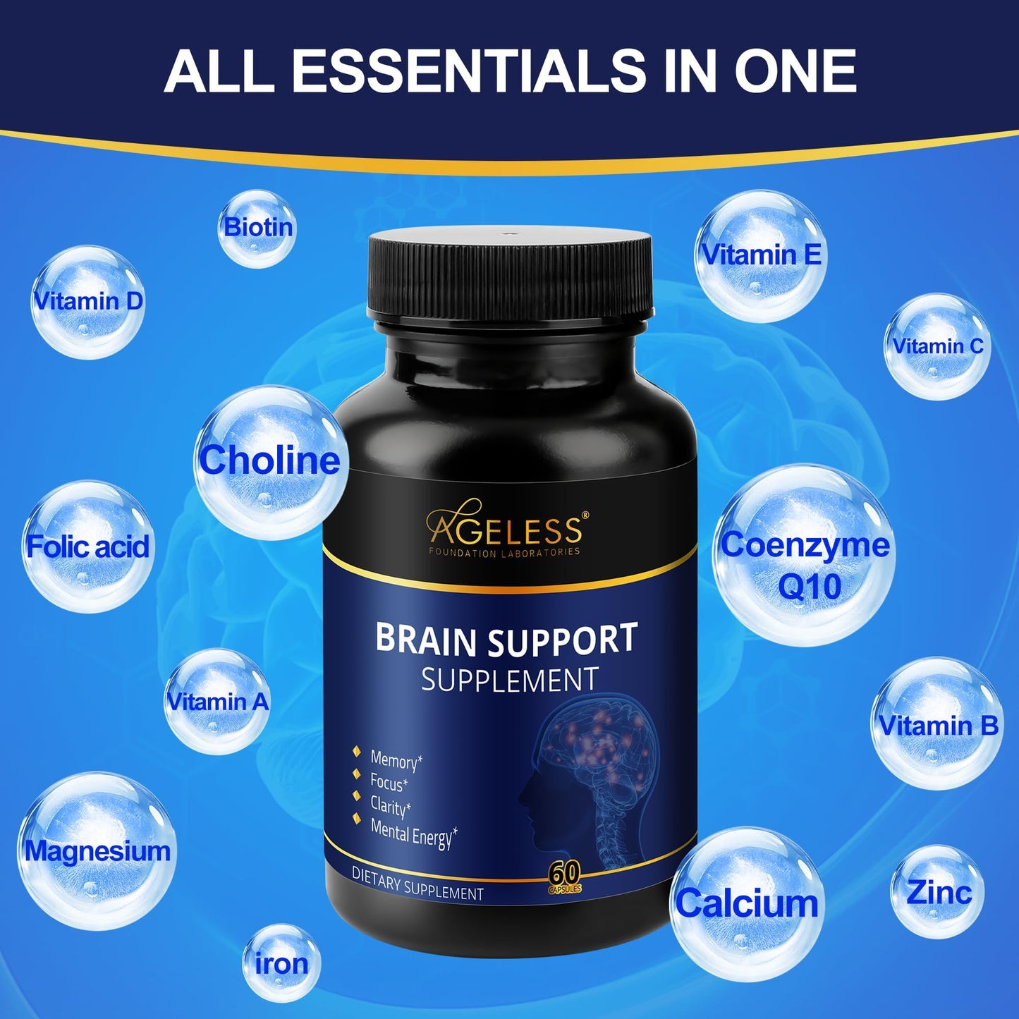Ageless Brain Supplements for Memory and Focus 1000 MG | Cognitive Improvement | Formulated with Clinically Studied Ingredients | Support Mental Clarity & Neuro Health | Vitamin B6, B12, 60 Capsules - dailyvitalstore