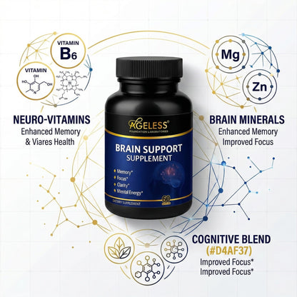 Ageless Brain Supplements for Memory and Focus 1000 MG | Cognitive Improvement | Formulated with Clinically Studied Ingredients | Support Mental Clarity & Neuro Health | Vitamin B6, B12, 60 Capsules - dailyvitalstore