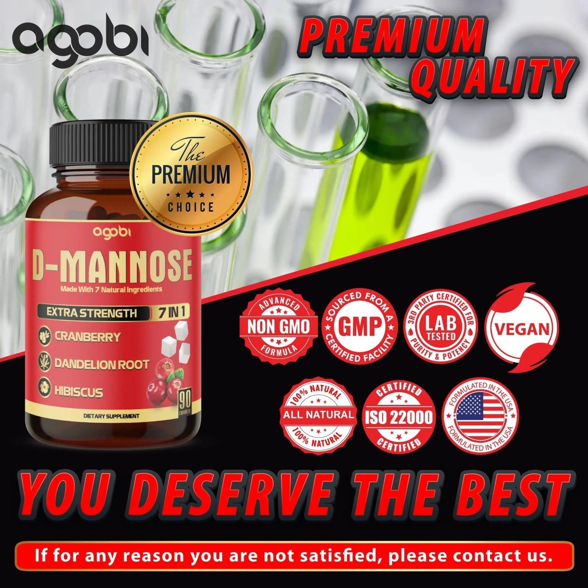 agobi D-Mannose Capsules - 7 Herbs with Cranberry, Dandelion, Hibiscus and More - Support Flush Impurities and Urinary Tract Health - 90 Vegan Capsules 3-Month Supply - dailyvitalstore