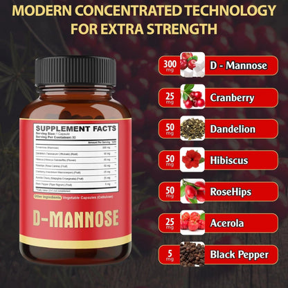 agobi D-Mannose Capsules - 7 Herbs with Cranberry, Dandelion, Hibiscus and More - Support Flush Impurities and Urinary Tract Health - 90 Vegan Capsules 3-Month Supply - dailyvitalstore